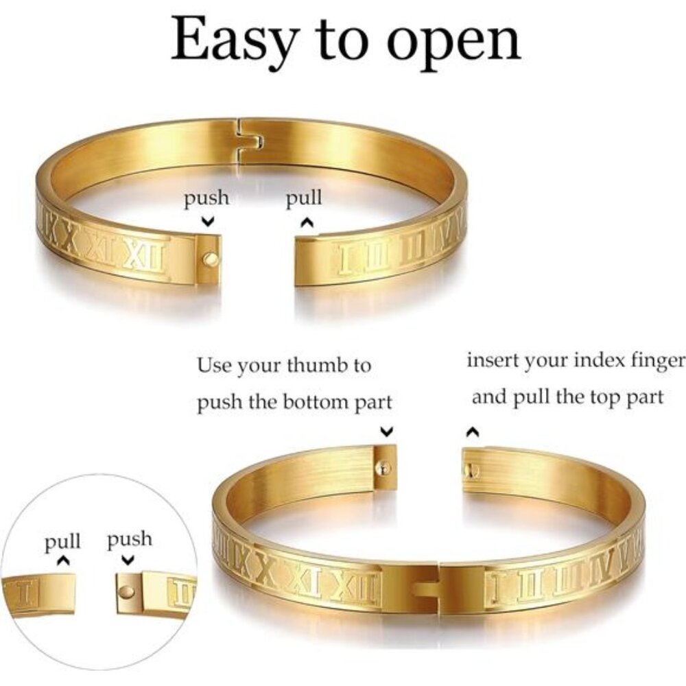 3PCS Stainless Steel Bracelets for Men Gold Roman Numeral Bangle Bracelet - Picture 3 of 7
